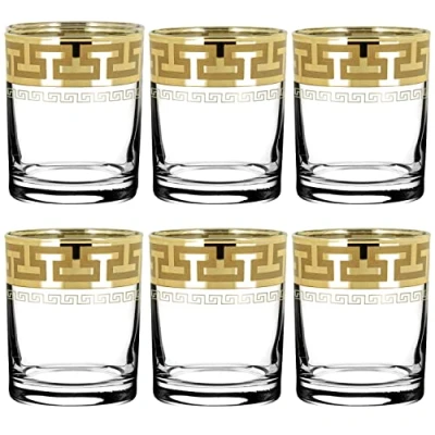 Image of Whiskey Glasses Set of 6 with Unique Gold Rim and Round Thick Heavy Bottom/ Modern Tumblers/ Gift for Men or Women 250ml (Greek Style)