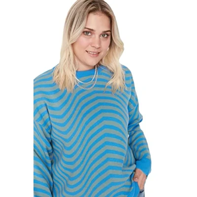 Image of Trendyol Women Plus Size Regular Double Breasted Crew Neck Knitwear Jumper Indigo