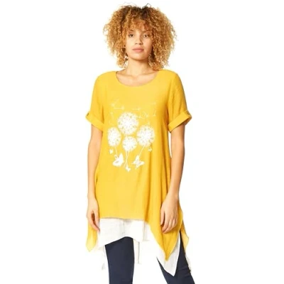 Image of Roman Womens Dandelion Floral Hanky Hem Tunic Top Yellow Viscose Size 10 UK