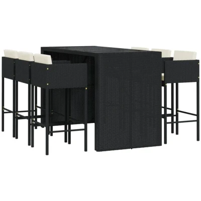 Image of Vidaxl 7 Piece Garden Bar Set with Cushions Black Poly Rattan