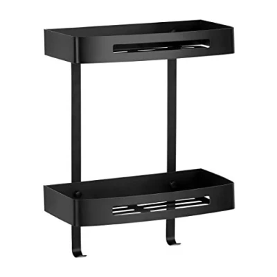 Image of Ambrosya® Exclusive Shower Basket made of stainless Steel Shelf Bath Bathroom Tray Corner Holder Bracket Wall (Stainless (Black), 2 floors)