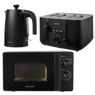 Image of Salter COMBO 8686 Kuro Kettle Toaster Microwave Set Matching Kitchen Countertop Breakfast Set, Rapid Boil 1.7L 3kW Kettle, 4 Slice Anti Jamming Toaster, 20L 800W Manual Dial Microwave, Black