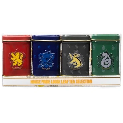 Image of New English Teas Harry Potter Mini Tea Tins with Loose House Crests, Gryffindor, Slytherin, Hufflepuff &amp; Ravenclaw