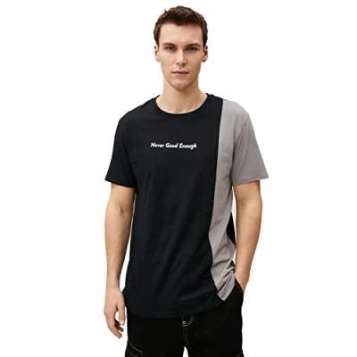 Image of Koton Men&#039;s Slogan Printed T Shirt Crew Neck Slim Fit Cotton, Black (999), S