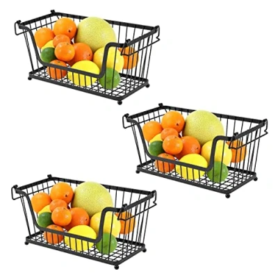 Image of Greenfields® 3 Pack Black Multi Purpose Stackable Storage Wire Basket Stacking Shelves Fruit Vegetable Kitchen Bathroom Rack Stand Organiser With Handles