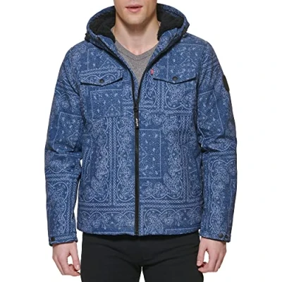 Image of Levi&#039;s Men&#039;s Soft Shell Hooded Storm Coat (Regular &amp; Big Tall Sizes) Insulated Jacket, Faded Blue Bandana Sherpa, M