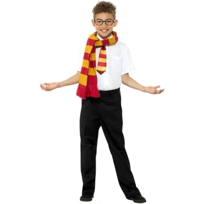 Image of Smiffys Schoolboy Kit, Gold &amp; Red with Scarf, Tie Glasses, Boys Fancy Dress, Wizard Dress Up Accessories