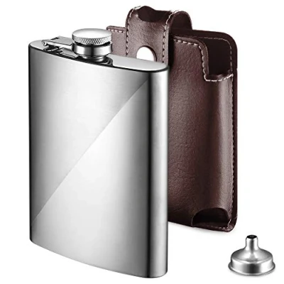 Image of ecooe Stainless Steel Hip Flask 227ml/8oz with Funnel and Brown Synthetic Leather Pouch, Alcohol Whiskey