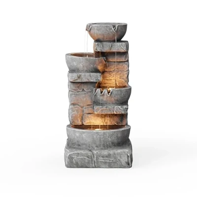 Image of Teamson Home Cascading Bowls &amp; Stacked Stone Outdoor Water Fountain with LED Light, Grey