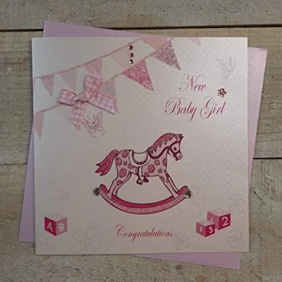 Image of white cotton cards Girl Congratulations, Handmade New Baby Card (Pink, Rocking Horse &amp; Bunting)