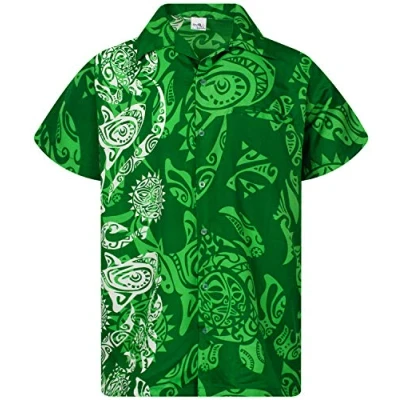 Image of King Kameha Classic Modern Hawaiian Shirt for Men Front Pocket Casual Aloha Shirts, Maori Wedding, Green, M