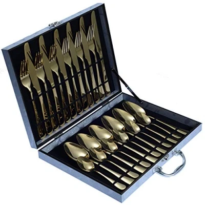 Image of 24 Piece Cutlery Sets,Classic Stainless Steel Flatware Silverware Set with Gift Box Knives/Forks/Spoons/TeaSpoons, Service for 6, Mirror Polished,Dishwasher Safe (Silver_Gold)