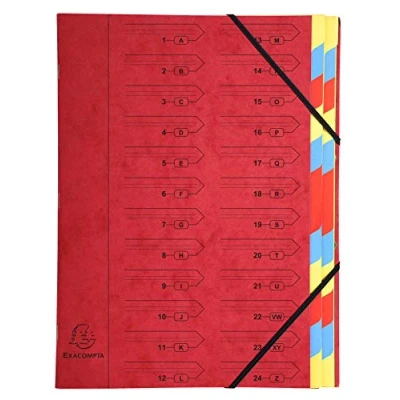 Image of Exacompta Ref 54245E Stapled Spine Multipart File 245 x 320mm in Size, Suitable for Storing A4 Documents 24 Tabbed Sections Red Cover with Multicoloured Tabs