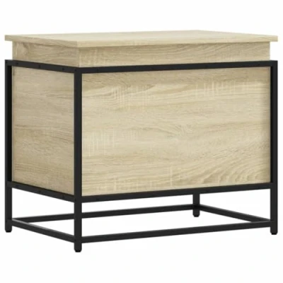 Image of vidaXL Storage Box with Lid Sonoma Oak Wood, Metal Frame, 60x40x51.5 cm Modern Toy Chest, Blanket, and Snack Table for Home
