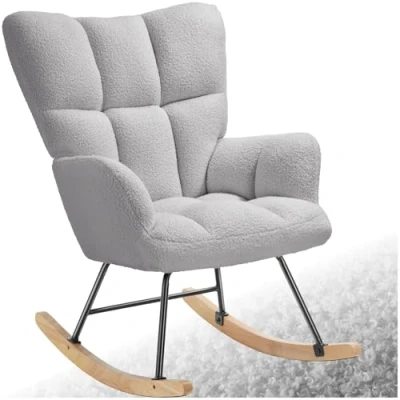 Image of TecTake® Rocking Chair with Bouclé Fabric &amp; Plush Padding, Cosy Armchair Wooden Runners, Sturdy Steel Frame High Backrest, Ideal as Bedroom, Living Room Nursing Light Grey
