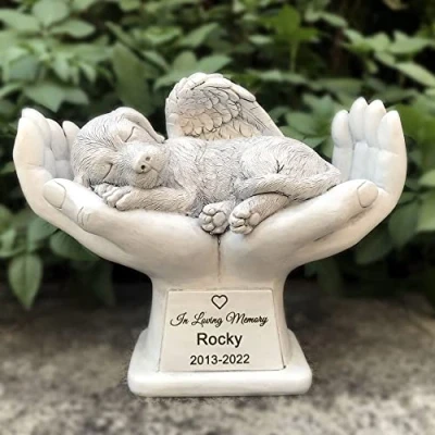 Image of WouND Personalized Dog Pet Grave Markers Memorial Angel Statue Stone with in God&#039;s Hands, Headstone Garden Stone，in Loving Memory of A Lost Gift, 7 Inch(H)