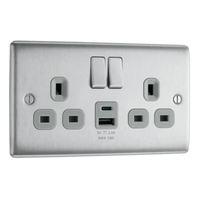 Image of BG Nexus Metal Brushed Steel, 13A Double Switched Socket with USB A + C 12W, Grey Inserts