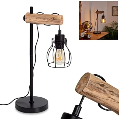 Image of table lamp Gondo made of metal/wood in black/nature, retro with height adjustable lampshade, E27, for office and desk light effect through lampshade lattice optic, without bulb