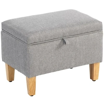 Image of HOMCOM Linen Storage Ottoman Box with Rubberwood Legs, Light Grey
