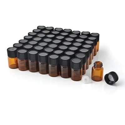 Image of Enslz Mini Essential Oil Bottles Empty Sample Bottle 1ml(1/4 dram) 2ml (5/8 Amber Glass With Orifice Reducer and cap, 2 Free Transfer Eye droppers 50 pcs (Brown, 2ml)