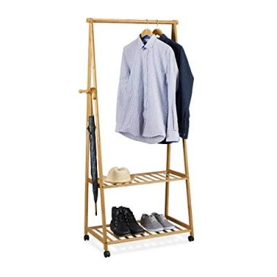 Image of Relaxdays Clothes Stand on Wheels, Bamboo, 2 Shoe Shelves, Garment Rail, HxWxD: 166 x 84 45 cm, Mobile Wardrobe, Natural Brown, 45x84x166 cm