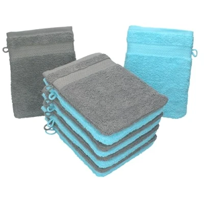 Image of Betz Pack of 10 Wash Glove Mitts PREMIUM 100% Cotton 16x21 cm (anthracite grey &amp; turquoise)