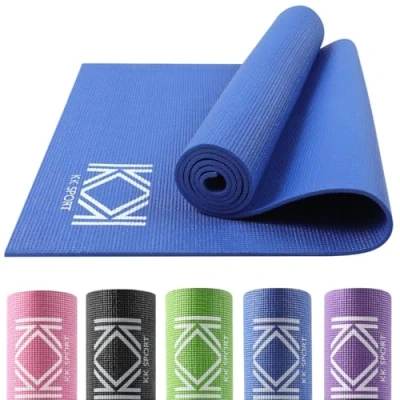 Image of KK 6mm Thick Yoga Mats PVC Fitness Mat Non Slip 180 x 60 cm Exercise Gym Perfect for Pilates, Stretching, Gymnastics &amp; Camping Compact Lightweight With Carry Bag (BLUE)