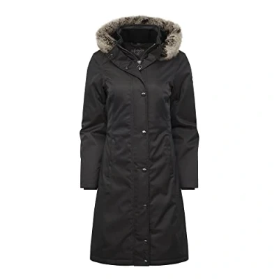 Image of LeMieux Loire Waterproof Riding Coat in Grey Taped Seams Double Front Closure Women&#039;s Horse with Magnetic Opening &amp; Leg Straps Faux Fur Detachable Trim Hood UK 8