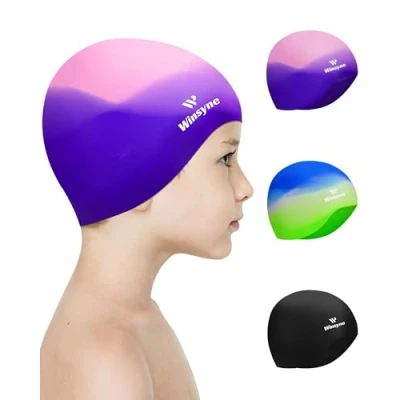 Image of Winsyne 3 Pack Kids Swimming Cap for Boys Girls, Unisex Silicone Hat 15 Toddler Children Teen, Waterproof Bathing Swim Short/Long Hair to Keep Dry Multicolor 02