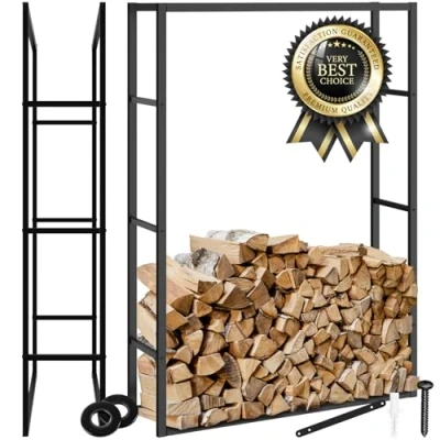 Image of tectake® Firewood Log Holder in Industrial Style, Sturdy Storage Rack Powder Coated Steel for Indoor &amp; Outdoor Use, Store with Anti Tip Protection, Easy Assembly, 100.5 x 25 150cm Black
