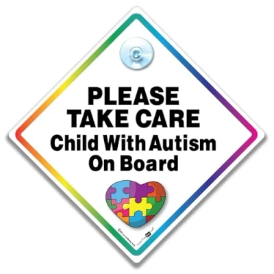 Image of Please Take Car Child with Autism On Board Sign, Autistic in Person Sign 14 x 14cm