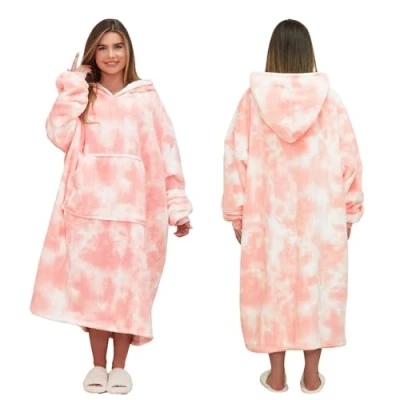 Image of Dreamscene Extra Long Tie Dye Oversized Hoodie Blanket Sweatshirt Soft Sherpa Fleece Throw Cosy Wearable Hooded Big Jumper Blush Pink, One Size Fits All Adults Kids Men Women