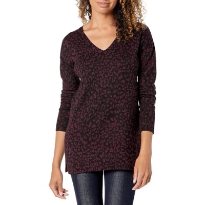 Image of Amazon Essentials Women&#039;s Lightweight Long Sleeved V Neck Tunic Sweater (Available in Plus Size), Black Animal Print, XS