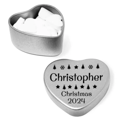 Image of Luxury personalised Christmas 2024 Place Settings for the table Small Heart Shaped tin festive Xmas Tree design Filled with White mints Ideal as after dinner