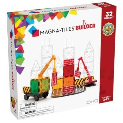 Image of Magna Tiles Builder 32 Piece Set, The Original Magnetic Building For Creative Open Ended Play, Educational Toys Children Ages 3 Years + (32 Pieces) (21632), Clear Colors