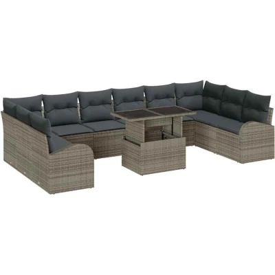 Image of vidaXL 11 Piece Garden Sofa Set with Cushions Grey Poly Rattan