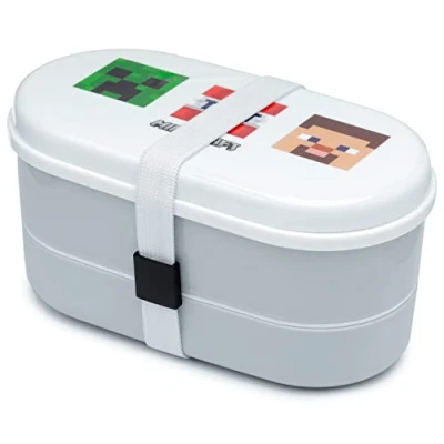 Image of Puckator Minecraft Faces Stacked Bento Box Lunch for Adults and Kids with Compartments Fork &amp; Spoon Snack Food Containers Lids Stackable Pots Meal Prep