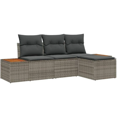 Image of vidaXL 4 Piece Garden Sofa Set with Cushions Grey Poly Rattan Acacia