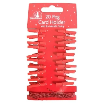 Image of Tallon International Pack of 20 Wooden Peg Christmas Card Holders With Metallic String Festive Colours Decoration (Red)