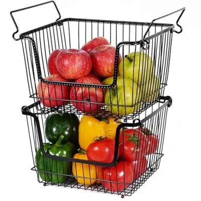 Image of HOMION Large Stacking Basket Storage Veg Rack Stackers Shlef Multi Purpose Stackable Wire with Carry Handles Kitchen Fruit Stand (2 Baskets)