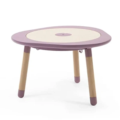Image of Stokke MuTable, Mauve Multifunctional Children’s Play Table Height Adjustable Legs Includes Four Double Sided Activity Boards, One Puzzle &amp; Natural Wood Cover