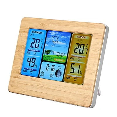Image of Wireless Weather Station for Indoor Outdoor, Bewinner LCD Digital Clock Portable Wall mounted or Up right Thermometer Indoor&amp;Outdoor Humidity (Yellow)