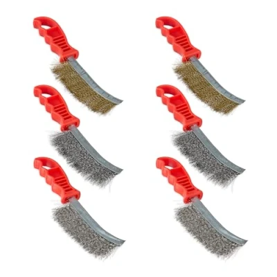 Image of Relaxdays Wire Brush Set of 6, Stainless Steel &amp; Brass Bristles, Cleaning Tool, with Handle, Weeder, Multi Coloured, 5.5 x 15 15.5 cm