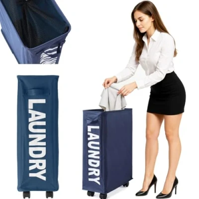 Image of BAKAJI Dirty Laundry Basket Slim Space Saving Foldable Fabric Decoration Mesh Handle 4 Wheels 39 x 20 56 cm (Blue)