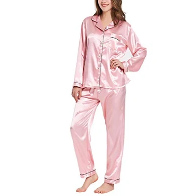 Image of Ladieshow Women Pajamas Satin Ladies Pj Set Long Sleeve Sleepwear Two Piece Pink