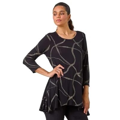 Image of Roman Originals Hanky Hem Tunic Top for Women UK Ladies Longline Blouse Asymmetric Hemline Casual Slouch Loose 3/4 Sleeves Round Neck Relaxed Comfortable Holiday Tan Size 12