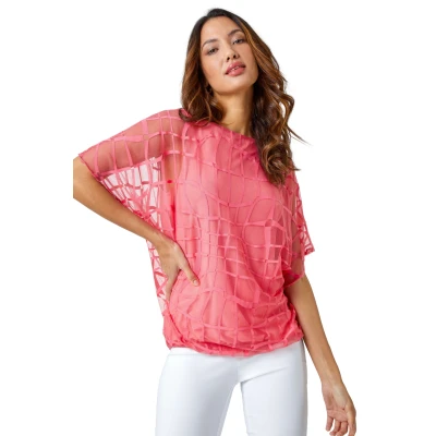 Image of Roman Womens Abstract Check Print Blouson Top Coral Size 20 UK