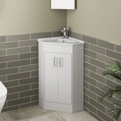 Image of Affine® 585mm Corner Vanity Unit Basin Sink Bathroom Storage Cabinet Cupboard Freestanding, Single Tap Hole Ceramic Wash Basins, Soft Close Doors, White Gloss