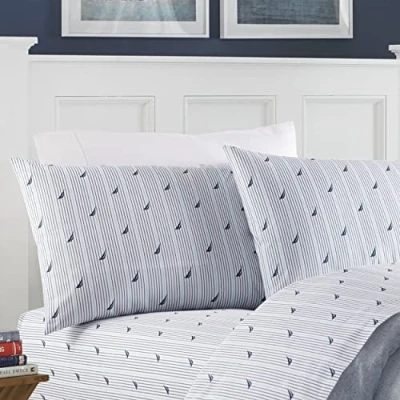 Image of Nautica Full Sheets, Cotton Percale Bedding Set, Casual Home Decor (Audley Stripe Blue, Full)