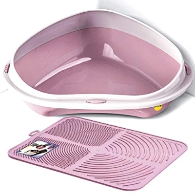 Image of Cat CENTRE Pink Large Corner Litter Tray + Nonslip Mat Set Box Loo Toilet Kitten Pad
